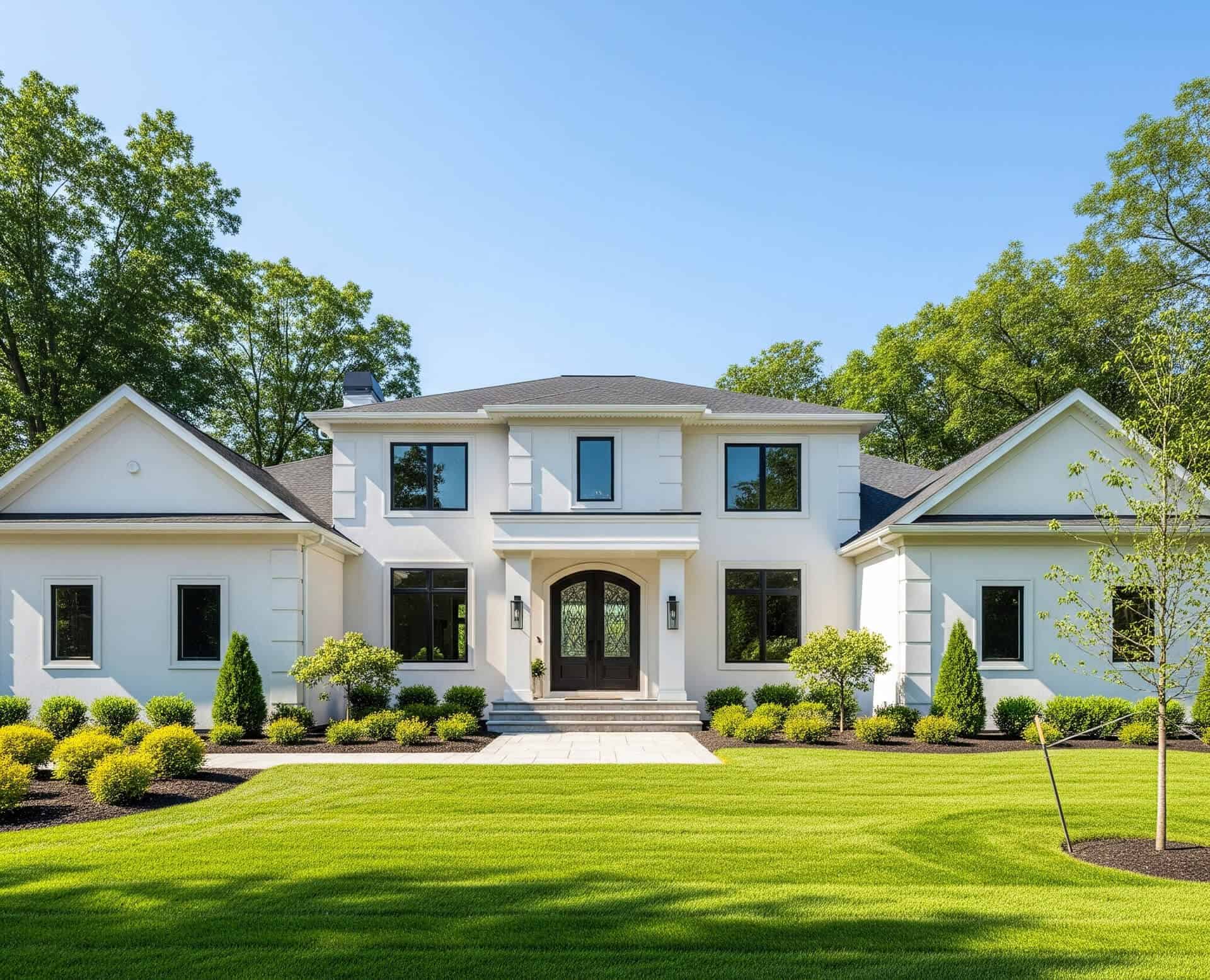 Custom-designed home in Saratoga Springs, featuring a modern exterior, lush green landscaping, and a welcoming entrance with double doors, emphasizing quality craftsmanship by River Tide Builders.