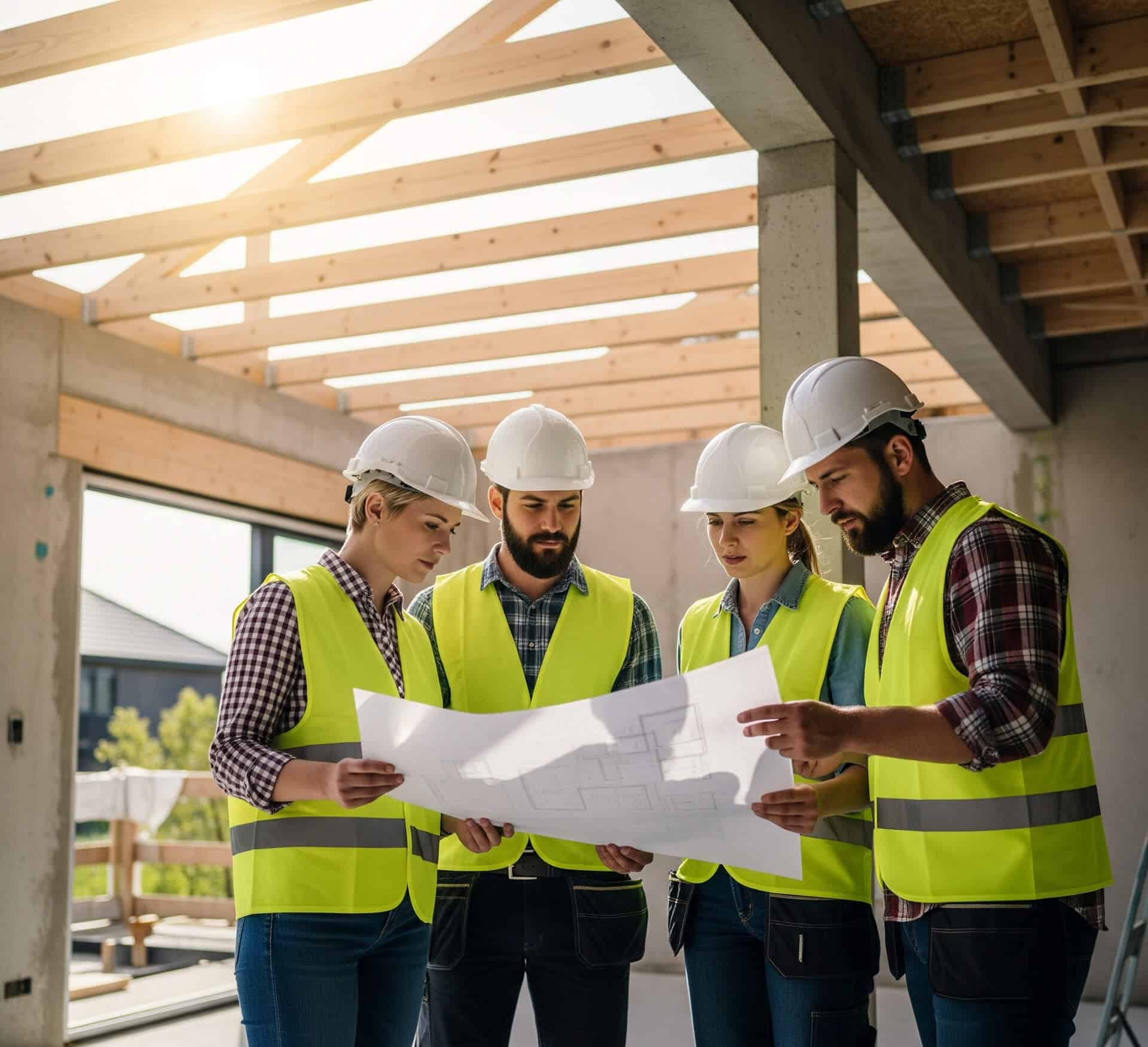 Construction team reviewing blueprints in a home building site, showcasing collaboration and expertise in custom home design for River Tide Builders in Saratoga Springs.