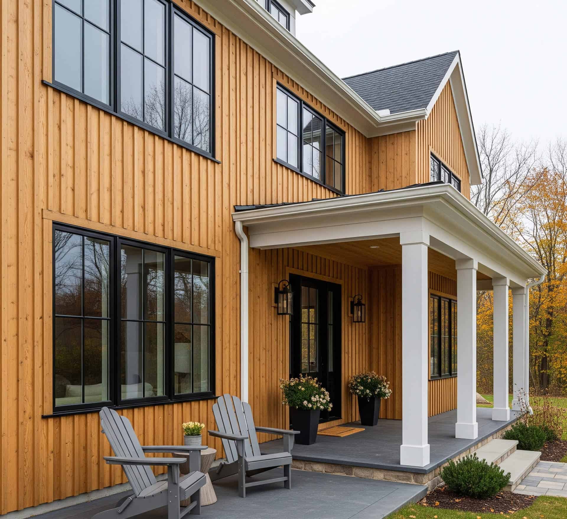 Modern home exterior featuring wooden siding, large black-framed windows, inviting porch with white columns, and stylish gray Adirondack chairs, reflecting custom home design by River Tide Builders in Red Hook.