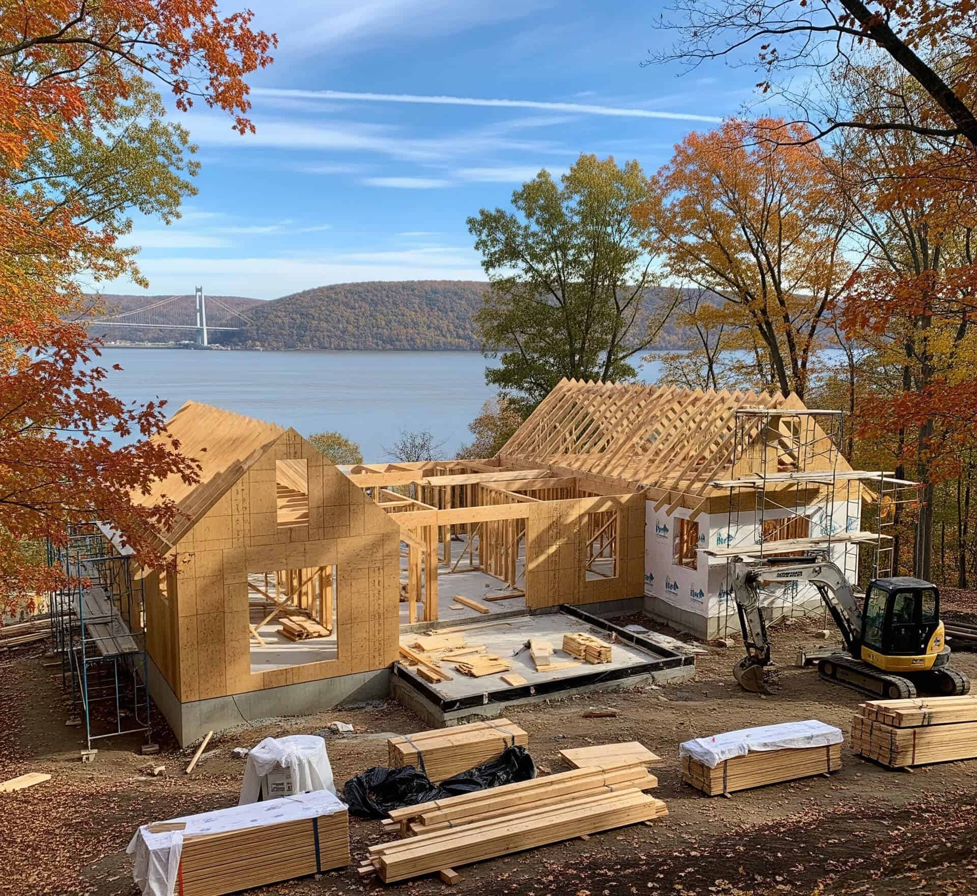 Construction site of a custom home by River Tide Builders in Poughkeepsie, NY, featuring wooden framing, construction materials, and a scenic view of the Hudson River and autumn foliage.