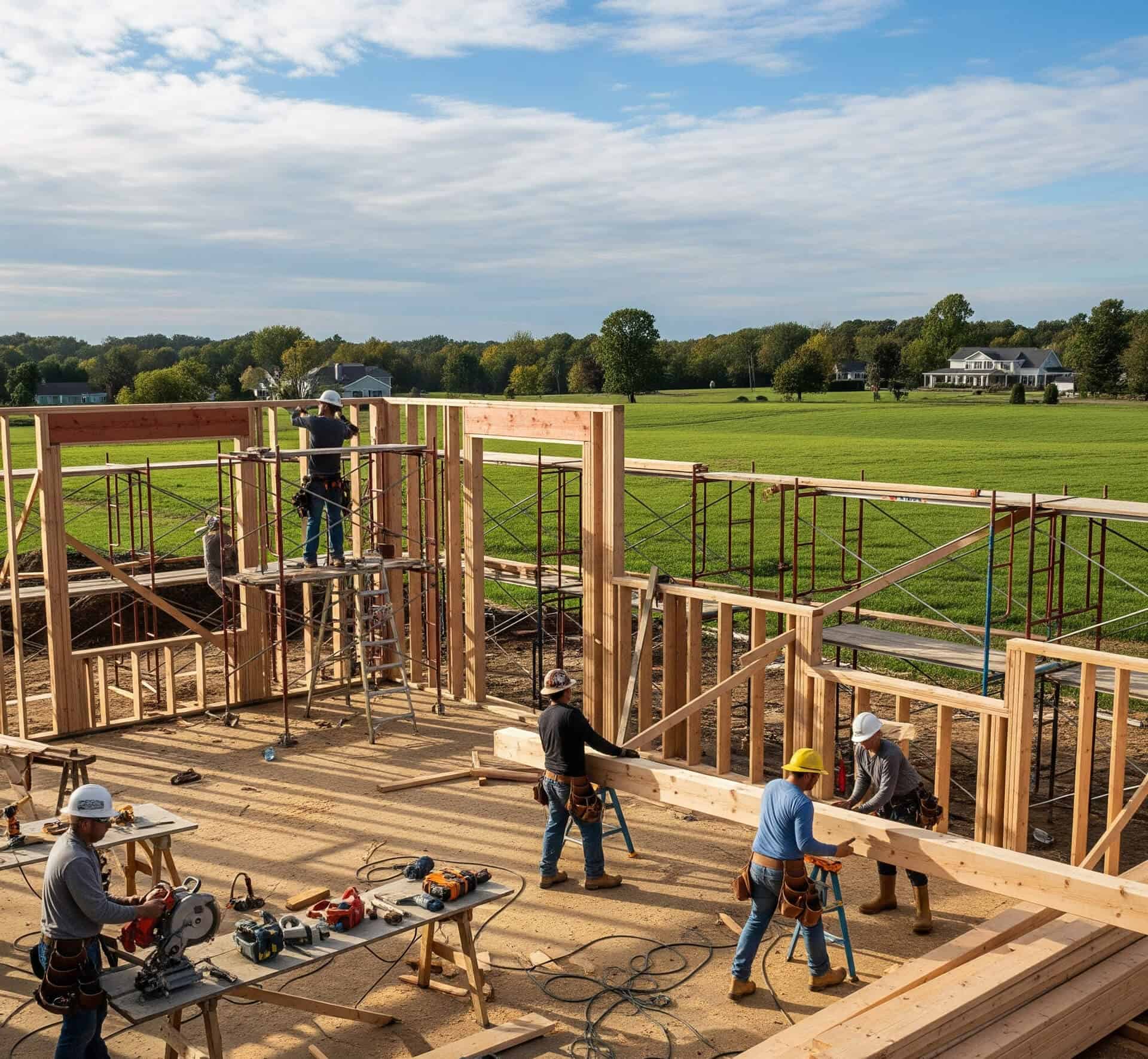 Construction site with builders framing a house, showcasing craftsmanship and teamwork in home building, surrounded by green fields in Red Hook, NY.