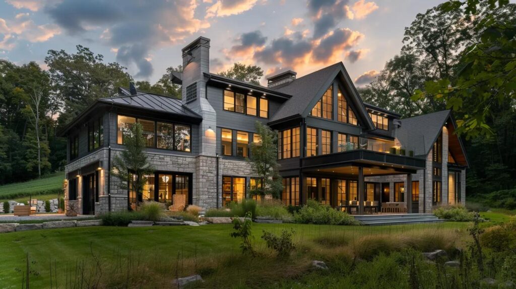 A high-end custom home in Hudson Valley NY surrounded by scenic natural landscapes during golden hour, featuring modern farmhouse architecture, large windows, stone and wood exterior elements, spacious property lot, mature trees, rolling hills, and outdoor living space. A peaceful suburban-rural setting with a warm and welcoming atmosphere, representing luxury custom home living in Hudson Valley. Realistic style, professional real estate photography look, high detail, natural lighting.